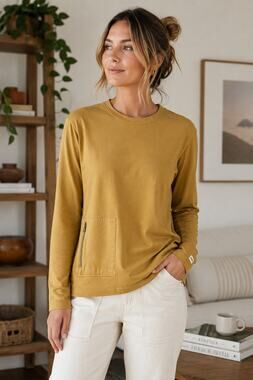 Pact Organic Cotton Mustard Utility Zip Pocket Long Sleeve Top S Gorpcore Earthy